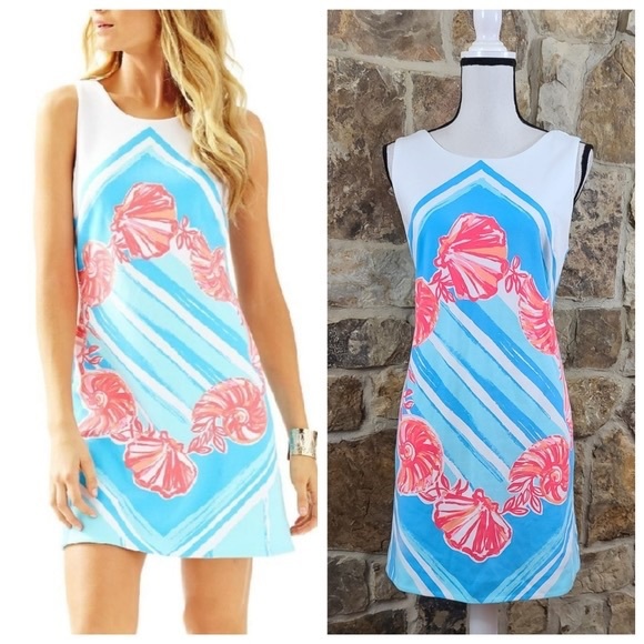 Lilly Pulitzer XS A line dress, blue and white with pink shells - Picture 1 of 3